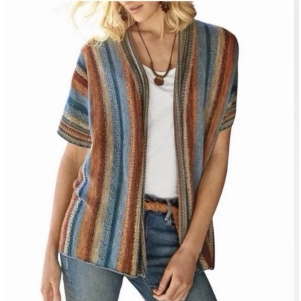 Peruvian Connection Maras ‎ Vest Colors Cardigan Open Pima Cotton Striped Sz M